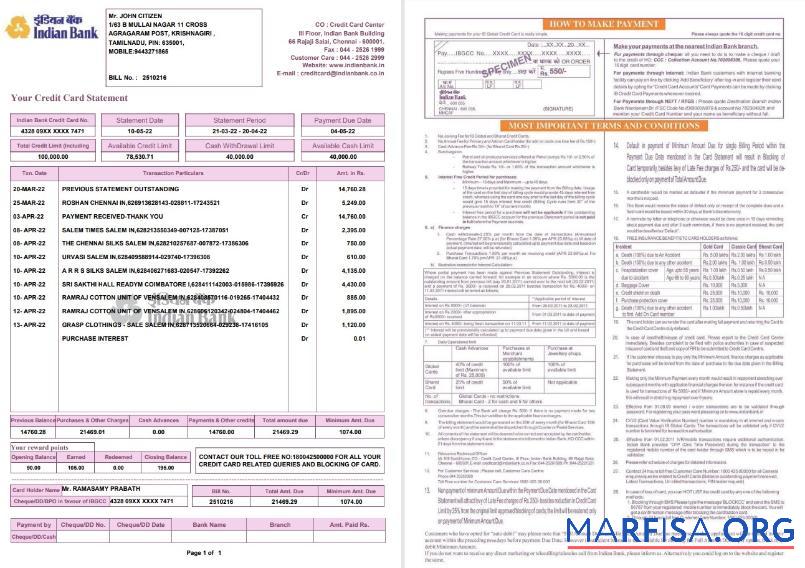 Printable Indian bank credit card statement 2 pages example
